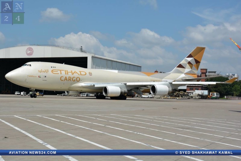 A Boeing 747-47U(F) of Etihad Cargo was seen taxing out, in front of the Biman Hangar