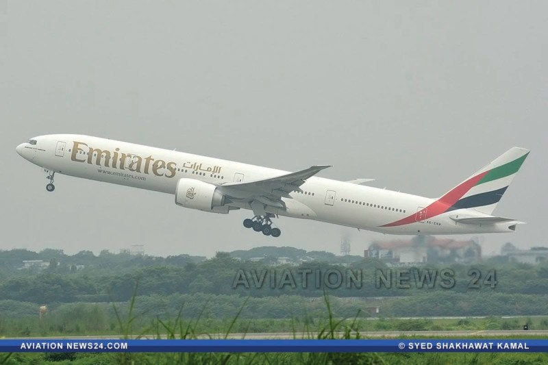 An Emirates Boeing 777-31H(ER) is seen Departing from VGHS